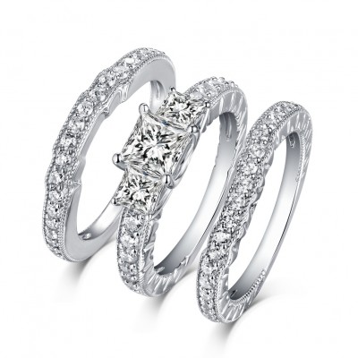 Princess Cut S925 Silver White Sapphire 3-Stone 3 Piece Ring Sets