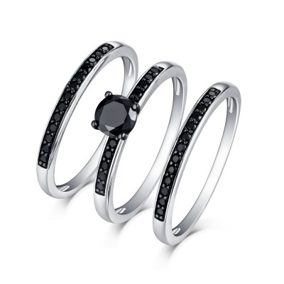 Round Cut 925 Sterling Silver Black Sapphire 3 Piece Ring Sets