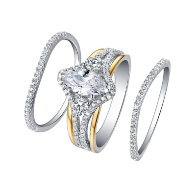 Oval Cut Gold S925 White Sapphire 3 Piece 3-Stone Ring Sets