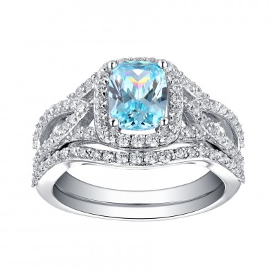 Emerald Cut 925 Sterling Silver Aquamarine Halo Ring Sets