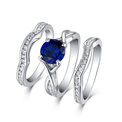 Round Cut Sapphire & White Sapphire S925 Silver 3 Piece Ring Sets