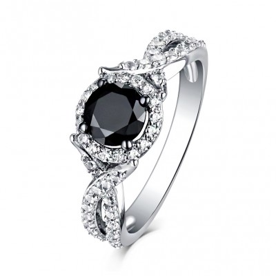 Round Cut Black & White Sapphire S925 Silver Halo Engagement Rings