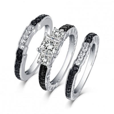 Cushion Cut Black & White Sapphire S925 Silver 3-Stone 3 Piece Ring Sets