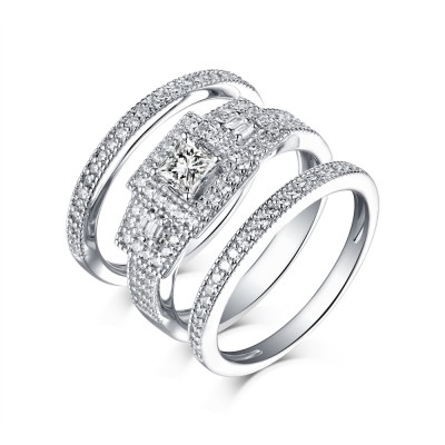 Princess Cut 925 Sterling Silver White Sapphire 3 Piece Ring Sets