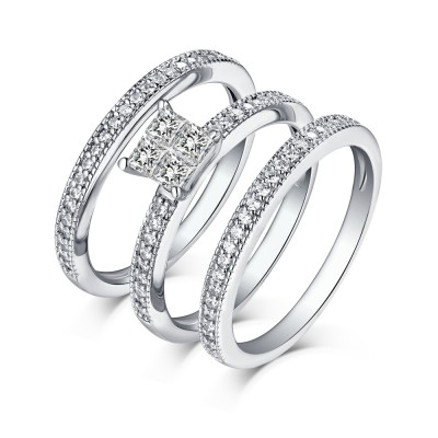 Princess & Round Cut 925 Sterling Silver White Sapphire 3 Piece Ring Sets