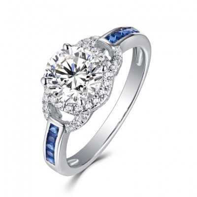 Round Cut S925 White Sapphire & Sapphire Halo Engagement Rings