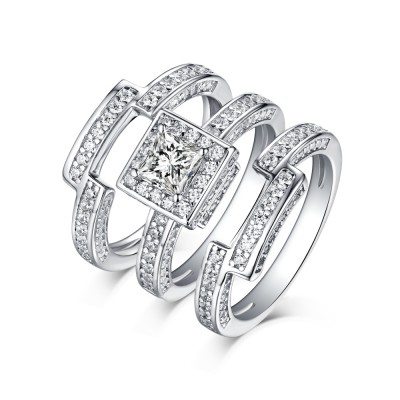 Round Cut 925 Sterling Silver White Sapphire Halo 3 Piece Ring Sets