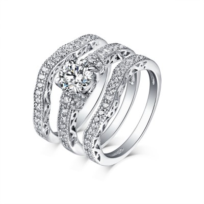 Round Cut White Sapphire 925 Sterling Silver 3 Piece Ring Sets