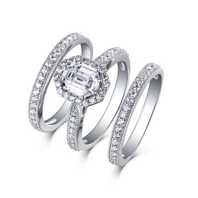 Emerald Cut 925 Sterling Silver White Sapphire 3 Piece Halo Ring Sets