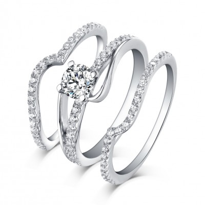 Round Cut 925 Sterling Silver White Sapphire 3 Piece Ring Sets