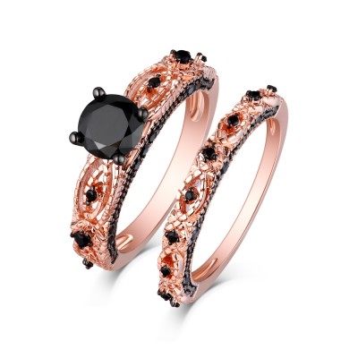 Round Cut Rose Gold S925 Silver Black Sapphire Art Deco Ring Sets