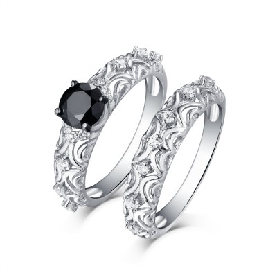 Round Cut S925 Silver Black Sapphire Art Deco Ring Sets