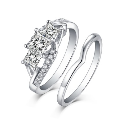 Princess Cut S925 Silver White Sapphire 3-Stone Ring Sets