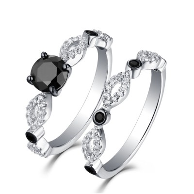 Round Cut Black & White Sapphire 925 Sterling Silver Ring Sets