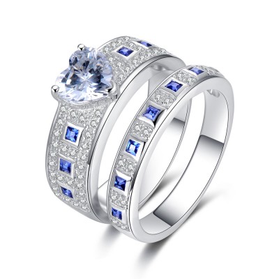 Classic Heart Cut Blue Sapphire Sterling Silver Bridal Sets