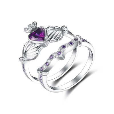 Heart Cut Amethyst 925 Sterling Silver Claddagh Bridal Sets