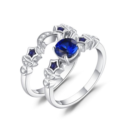 Moon and Star Blue Sapphire 925 Sterling Silver Bridal Sets