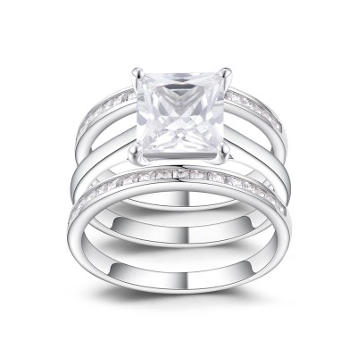 Classic Princess Cut White Sapphire 925 Sterling Silver Women's Ring Set