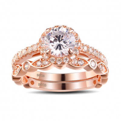 Rose Gold Round Cut White Sapphire Sterling Silver Bridal Sets