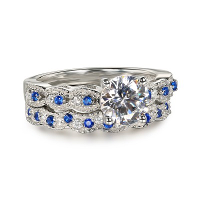 Round Cut Blue & White Sapphire 925 Sterling Silver Bridal Sets