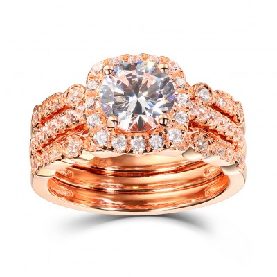 Round Cut White Sapphire 925 Sterling Silver Rose Gold Halo Ring Sets