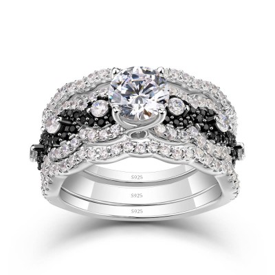 Round Cut White & Black Sapphire Sterling Silver 3-Piece Bridal Sets