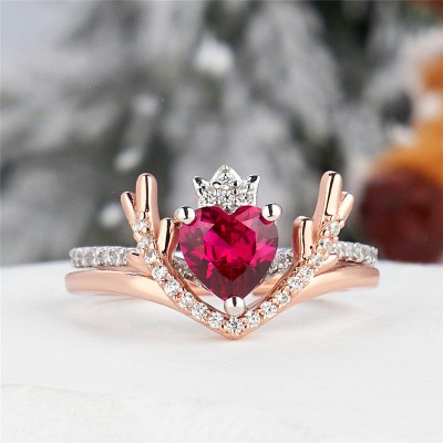 Rose Gold Heart Cut Ruby 925 Sterling Silver Deer Antler Bridal Sets