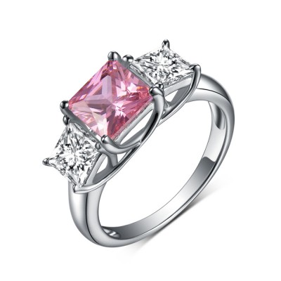 Princess Cut 925 Sterling Silver Three Stone Pink & White Sapphire Engagement Rings