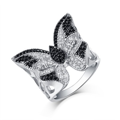 Round Cut S925 Silver Black & White Sapphire Butterfly Rings