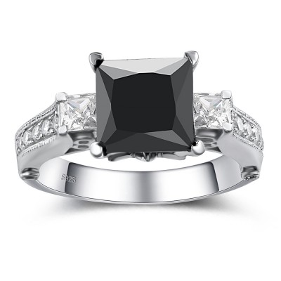 Princess Cut Black Gemstone 925 Sterling Silver Engagement Ring