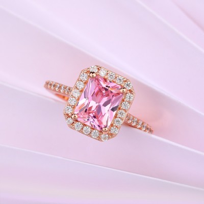 Rose Gold Radiant Cut Pink Sapphire 925 Sterling Silver Halo Engagement Ring