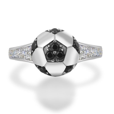 “World Cup” Round Cut Black Sapphire 925 Sterling Silver Soccer Ball Ring