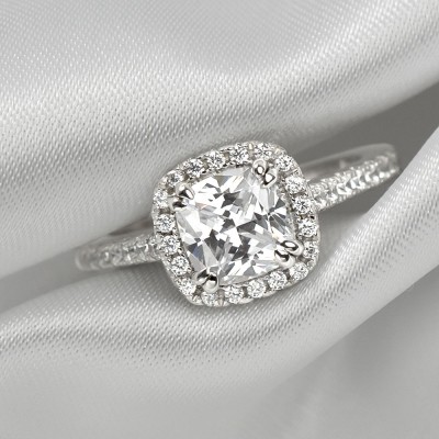 Cushion Cut White Sapphire 925 Sterling Silver Halo Engagement Ring