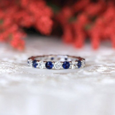 Round Cut Blue & White Sapphire Sterling Silver Eternity Wedding Band for Women