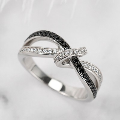 Round Cut Black & White Sapphire Infinity Love Knot Ring for Her