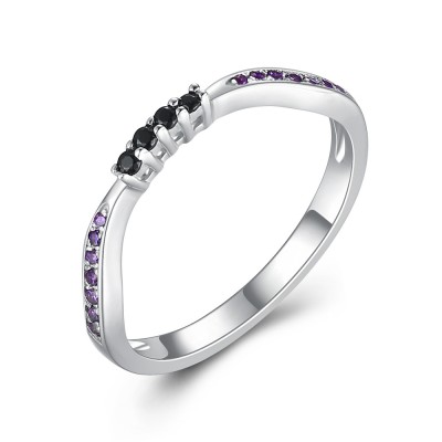 Round Cut Amethyst & Black Sapphire 925 Sterling Silver Women's Wedding Bands