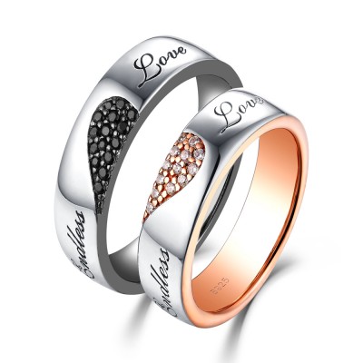 Endless Love White and Black Sapphire s925 Silver Rose Gold Couple Rings