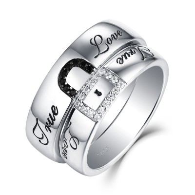 "Ture Love" Lock White and Black Sapphire s925 Silver Couple Rings