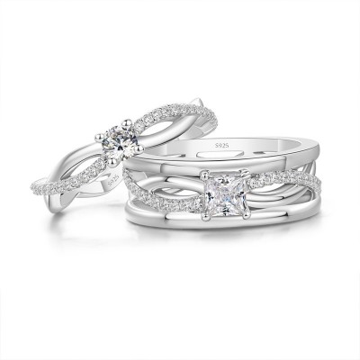 Twisted White Sapphire 925 Sterling Silver Matching Couple Rings