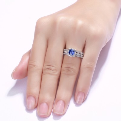 Cushion Cut 925 Sterling Silver Sapphire 3 Piece Halo Ring Sets