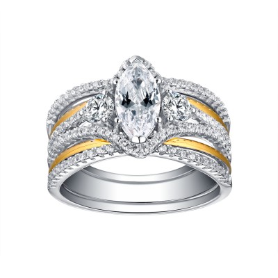 Oval Cut Gold S925 White Sapphire 3 Piece 3-Stone Ring Sets