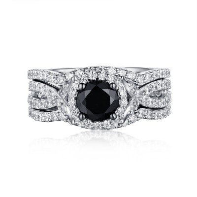 Round Cut Black & White Sapphire S925 Silver Halo 3 Piece Ring Sets