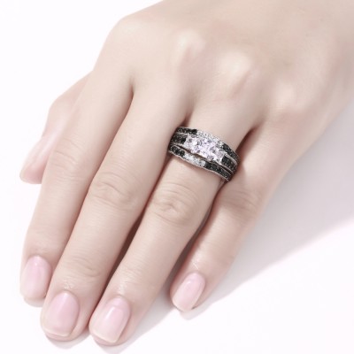 Cushion Cut Black & White Sapphire S925 Silver 3-Stone 3 Piece Ring Sets