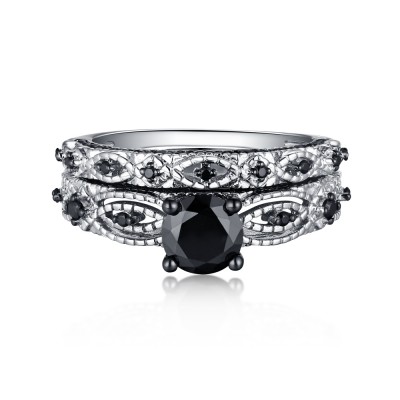 Round Cut S925 Silver Black Sapphire Art Deco Ring Sets