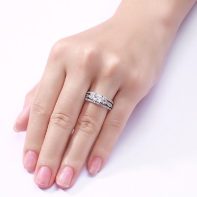 Princess Cut S925 Silver White Sapphire 3 Piece 3-Stone Ring Sets