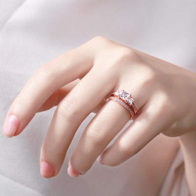 Princess Cut Rose Gold S925 Silver White Sapphire 3-Stone Ring Sets