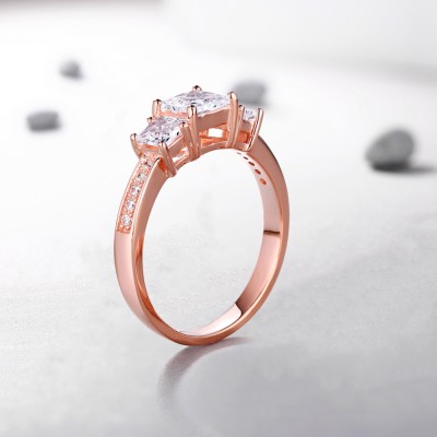 Princess Cut White Sapphire Rose Gold Sterling Silver Three-Stone Engagement Rings