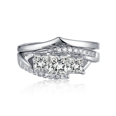 Princess Cut S925 Silver White Sapphire 3-Stone Ring Sets