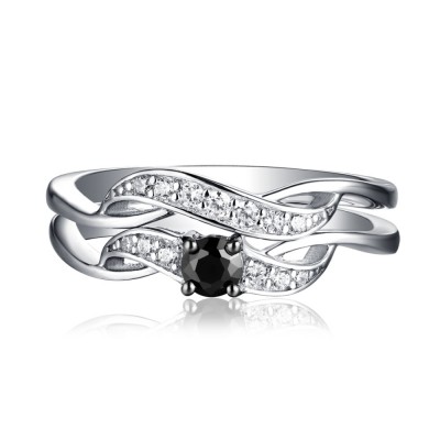 Round Cut Black & White Sapphire 925 Sterling Silver Ring Sets