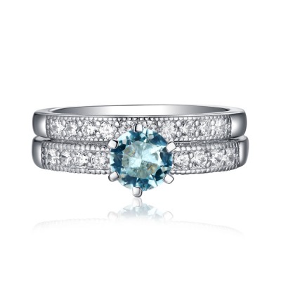 Round Cut Aquamarine 925 Sterling Silver Ring Sets